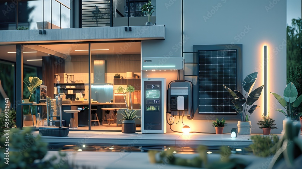 Poster smart home interior showcasing various elements of automation and renewable energy. an open electric