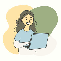 young smiling woman standing, holding and using laptop computer