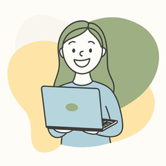 young smiling woman standing, holding and using laptop computer