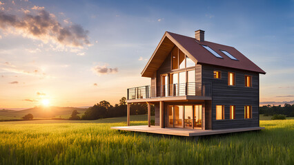 Obraz premium Dream home visualization: Wooden model house bathed in a sunset glow, set in a peaceful field