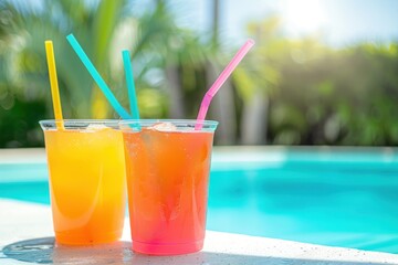 two colorful drinks with straws on the edge of an outdoor pool, sunny day Generative AI