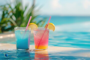 two colorful drinks with straws on the edge of an outdoor pool, sunny day Generative AI