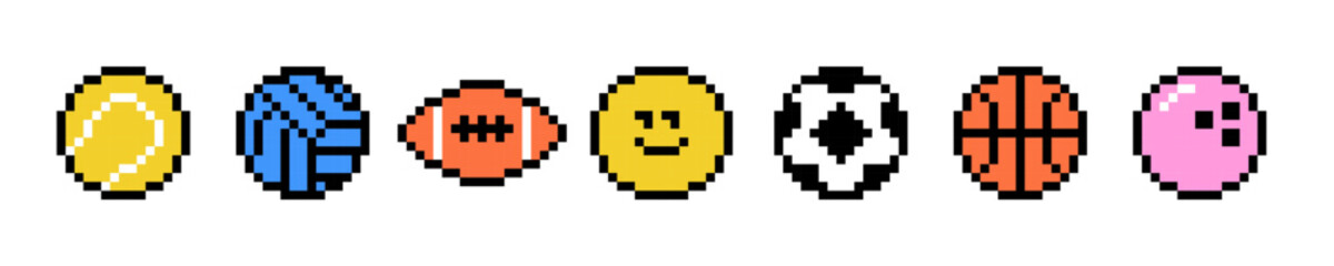 Play balls pixel art pattern. Tennis, soccer, baseball, football, basketball, volleyball icon set. Y2k trendy playful pixelated stickers. Mood of 90's aesthetics. 8-bit retro style vector illustration © Mariia