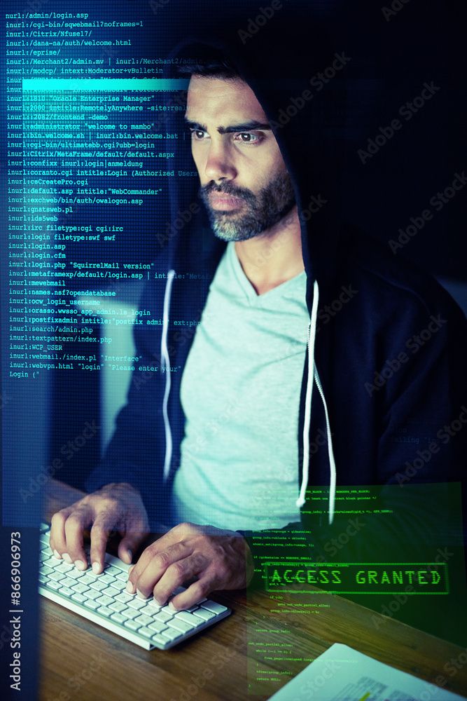Poster Hacker, overlay and man at night on computer for programming, coding and information technology. Cybersecurity, software and person with password access to financial data, banking fraud and phishing