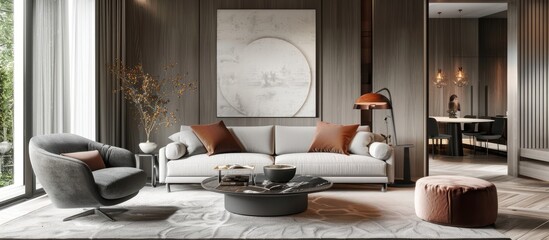 Light living room interior featuring a grey sofa, coffee table, and armchair