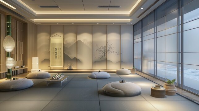 office with a dedicated space for mindfulness practices, featuring soft lighting and serene decor