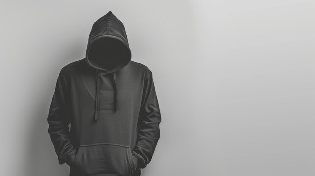 Anonymous person in a black hoodie, studio shot. Mysterious and secretive concept