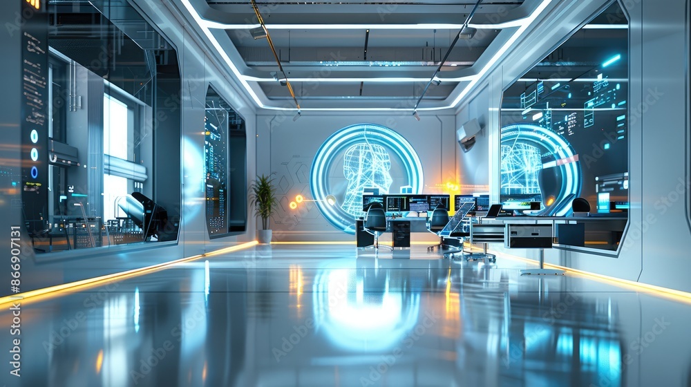 Aufkleber Modern training room or a coach workspace, with visible but subtle references to AI tools like computers or screens displaying AI interfaces. Generative AI.