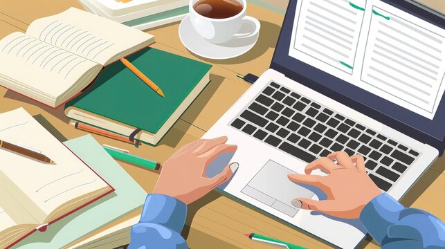 woman using a laptop to take notes during an online class, with textbooks and coffee on her desk