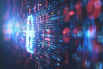 Abstract digital lock icon with binary code on a blurred blue and red background. Cybersecurity and data protection concept.