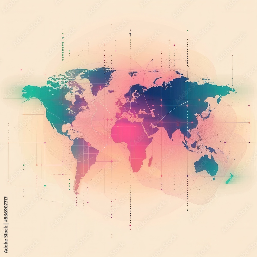 Poster a simple, minimalist world map with highlighted travel routes, perfect for travel agencies and globa