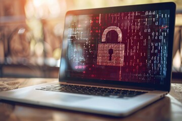 Laptop displaying a digital lock icon on the screen in a warm, indoor setting. Cybersecurity and data privacy concept.