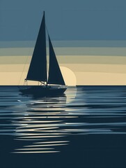 A minimalist image of a sailboat silhouette on a calm sea at sunset. Perfect for companies offering sea travel and yachting experiences. Generative AI