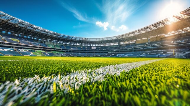 A close-up shot of a perfectly manicured football field, showcasing the lush green grass and crisp white lines under a brilliant blue sky