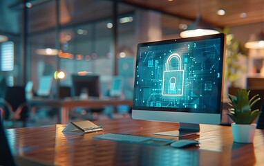 Office desktop with computer displaying digital padlock. Cybersecurity and data protection concept.