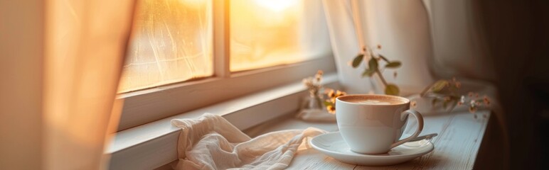 Cup of coffee on a windowsill at sunrise