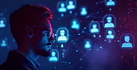 Profile of a businessman looking at a digital network of connected user icons, perfect for technology themes, business presentations, or social networking concepts