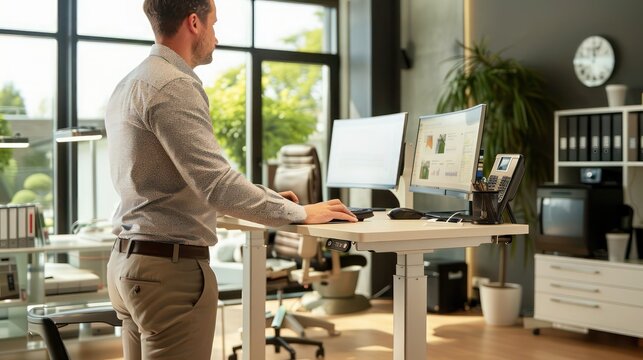 business professional using a height-adjustable desk to switch between sitting and standing while working