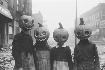 black and white vintage photo of horror, four kids wearing halloween pumpkin masks in a street.