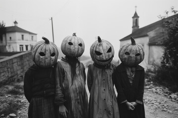 black and white vintage photo of horror, four kids wearing halloween pumpkin masks in a street, small church in the background.
