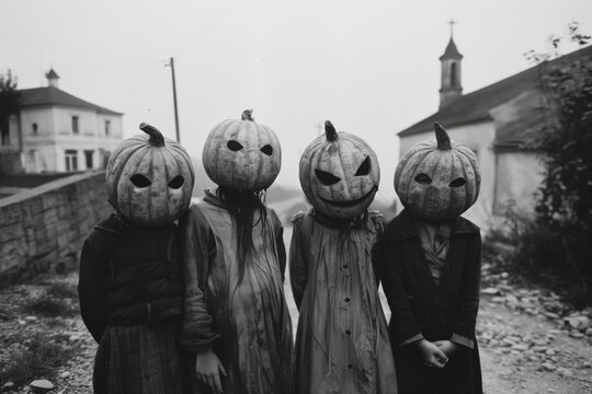 black and white vintage photo of horror, four kids wearing halloween pumpkin masks in a street, small church in the background. - Powered by Adobe