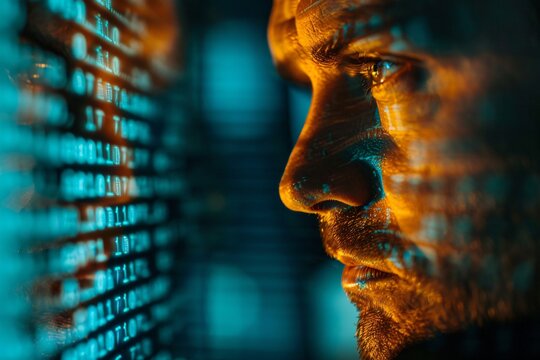 Close-up of a man's face with binary code reflections. Digital technology and cybersecurity concept.