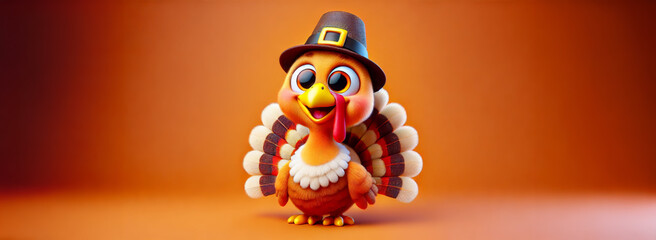 Funny Happy Turkey Bird In Pilgrim Hat Thanksgiving Celebration On Empty Orange Background