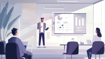 startup founder presenting a business plan to potential investors in a sleek, modern conference room