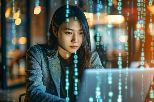 Focused woman in office working on laptop with binary code overlay. Data security and cybersecurity concept. Design for poster, banner, header, and wallpaper. - Powered by Adobe