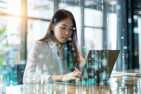 Woman working on laptop with digital binary code overlay. Data analysis and cybersecurity concept. Design for poster, banner, header, and wallpaper. - Powered by Adobe
