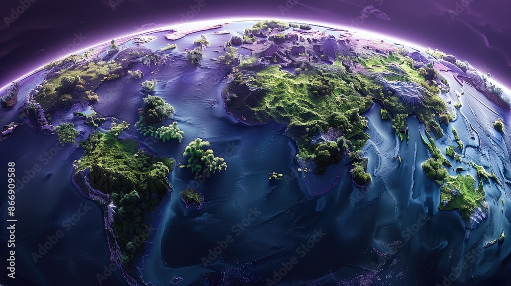 Poster a flat map showing the continents of an alien planet. ocean is purple and forests are green. generat