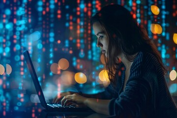 Young woman working on laptop with binary code overlay in a dimly lit environment. Cybersecurity and data analysis concept. Design for poster, banner, header, and wallpaper.