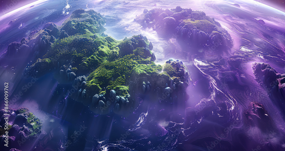Poster a flat map showing the continents of an alien planet. ocean is purple and forests are green. generat