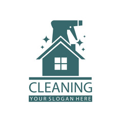 cleaning service design with spray bottle and house isolated on white background