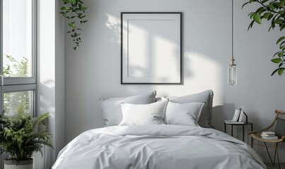 Minimalist bedroom with a blank frame on the nightstand