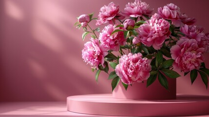 Pink peonies on round pedestal with soft lighting and shadows. Floral arrangement concept