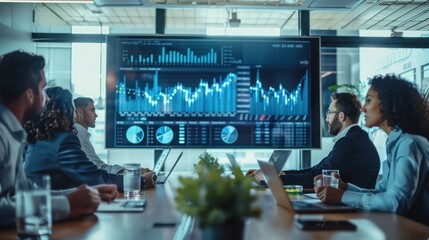 team of entrepreneurs analyzing market trends on a large screen in a modern meeting room