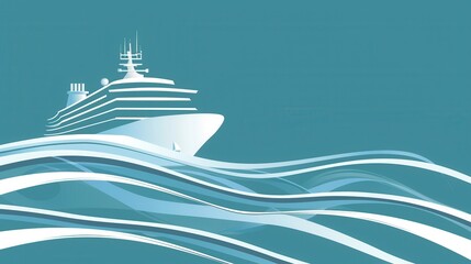 A minimalistic and elegant illustration of a cruise ship silhouette sailing on calm waters. The image features a white ship against a blue background, with stylized waves below. Generative AI