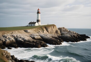 White lighthouse on a spoiled cliff with pale grass, dark rocks, pale grey northen sea, cloudy sky, winter time