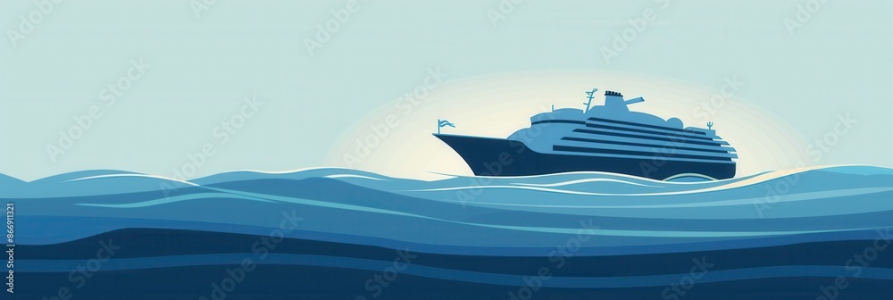 Poster a minimalist, elegant image depicting a cruise ship sailing on calm water. ideal for use by companie