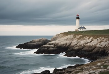 White lighthouse on a spoiled cliff with pale grass, dark rocks, pale grey northen sea, cloudy sky, winter time