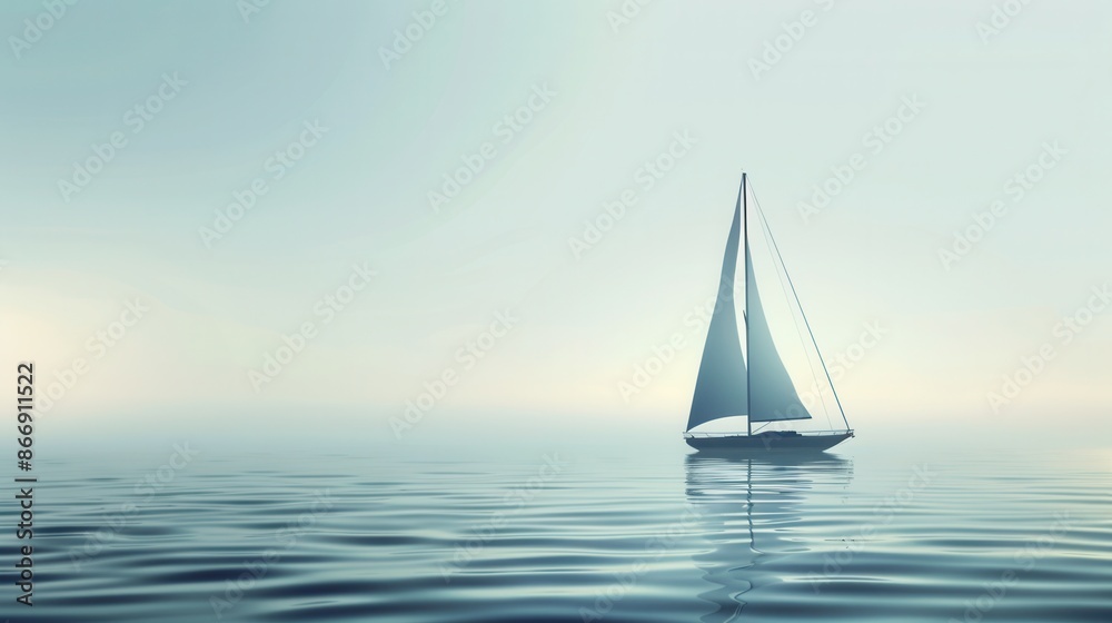 Poster a minimalistic image featuring a sailboat silhouette sailing on calm ocean water at dawn. generative
