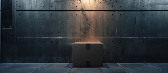 Abstract package in front of a dimly lit wall backdrop. A vacant office space.
