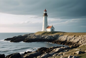 Naklejka premium White lighthouse on a spoiled cliff with pale grass, dark rocks, pale grey northen sea, cloudy sky, winter time