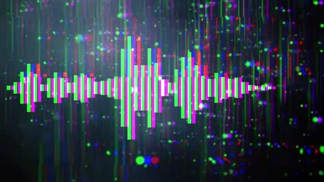 Sound wave visualization with glitches and aberrations on dark background with blue sparks