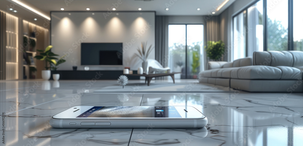 Aufkleber app control on smart phone, background interior. generative ai.
