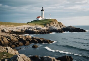 White lighthouse on a spoiled cliff with pale grass, dark rocks, pale grey northen sea, cloudy sky, winter time