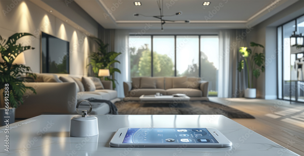Aufkleber app control on smart phone, background interior. generative ai.