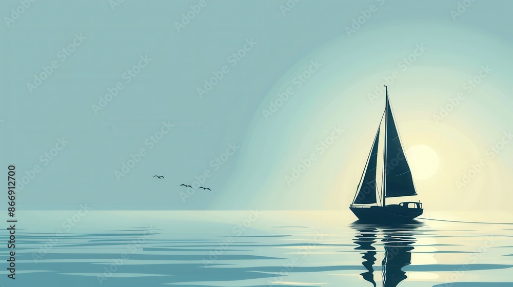 Poster a minimalist and elegant image of a sailboat silhouette on the water at sunset. the sky is a soft bl