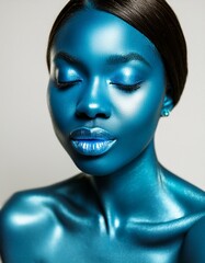 Portrait of a black woman covered in blue metallic paint. Model, glamour, High Fashion, Editorial 